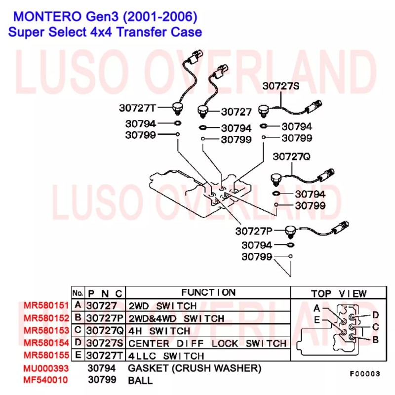 Mitsubishi 2001-2006 MONTERO Gen3 Transfer Case Position Switch, MR580155, 4LLC
