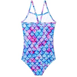 Girls Bathing Suit Size 7-8 Years Old Adorable One-Piece Swimsuits Blue Purple Mermiad Swim Suit with Sun Protection