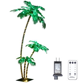 LIGHTSHARE Lighted 7FT Gorgeous Palm Tree 3Trunks Artificial Palm Tree 218LED Lights for Office Decoration Indoor Outdoor Tiki Bar Christmas Patio Pool- Electric