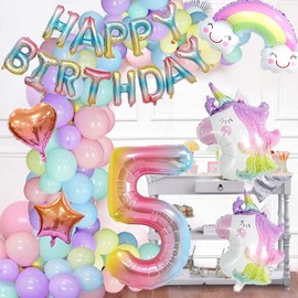 5th Unicorn Birthday Decorations for Girls Boys-135 Pcs Rainbow Unicorn Balloons Garland Kit-Included Happy Birthday Banner,Number Five Balloons,Number Balloons,Heart Star Balloons and Rainbow Unicorn