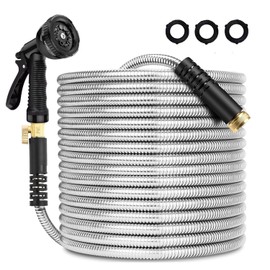 Flotstiga Stainless Steel Metal Garden Hose 25 FT,No Kink Garden Water Hose with 10 Pattern Spray Nozzle for Yard, Outdoor,Flexible,Never Kink & Tangle, Puncture Resistant,Black