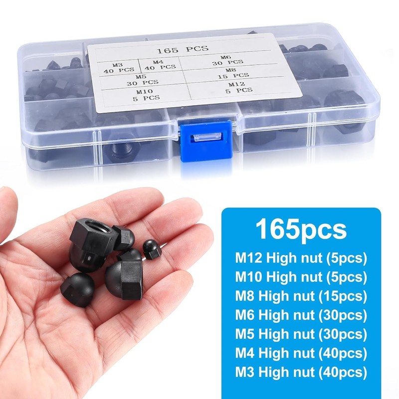 165 Piece Cap Nuts High Shape Set, Black Nylon Hexagonal