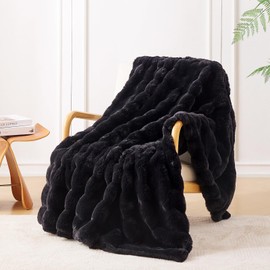 LUTBM Faux Rabbit Fur Black Throw Blanket for Couch Sofa,Luxury Ultra Soft Cozy Fluffy Blankets for Bedroom Living Room,Wave Fleece Shaggy Thick Warm Plush Decor Gift Blanket,Throw,50"x60"