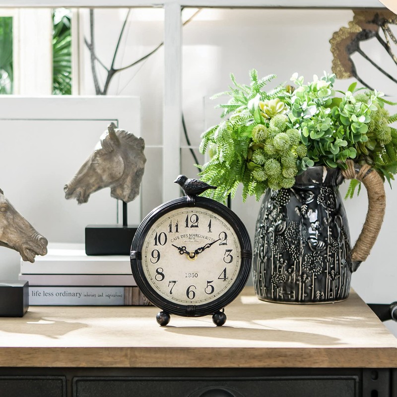 NIKKY HOME Vintage Table Clock with Bird, Metal Desk Clocks