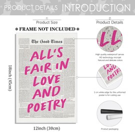 Retro Newspaper Posters for Room Aesthetic All's fair in Love and Poetry Trendy Preppy wall art Girls Apartment Bedroom Decor 12x18inch Unframed