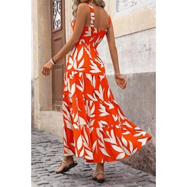 PRETTYGARDEN Women's Summer Floral Maxi Dress Sleeveless Smocked Ruffle Long Flowy Beach Vacation Boho Sundresses (Floral Orange Beige,Large)