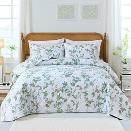 Cozaline 100% Cotton Quilt Set King Size Green Floral Lightweight Bedspreads 3 Pieces Reversible Coverlet Bedspread with 2 Pillowcases All Seasons