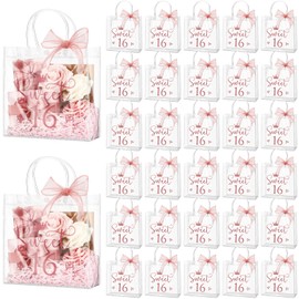 Sweetude 36 Pcs Sweet 16 Birthday Gift Bag 16th Party Gift Bags with Handles and Ribbons Clear Birthday Party Favors for Guests 16 Years Sweet Birthday Supply Decorations