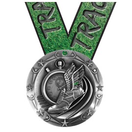 Decade Awards Track & Field World Class Engraved Medal - Silver | 3 Inch Wide Silver Track Medallion with Track & Field V Neck Ribbon - Customize Now