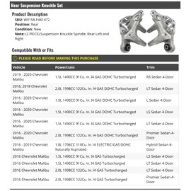 Marketplace Auto Parts Rear Suspension Knuckle Spindle - Set of 2 - Compatible with 2016-2020 Chevy Malibu