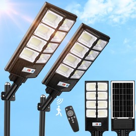 VUAA 2 Pack Solar Street Lights Outdoor Waterproof, 10000LM 448 LEDs Solar Parking Lot Lights Dusk to Dawn,Outdoor Flood Light with Motion Sensor and Remote Control for Area Lighting Yard, 6500K