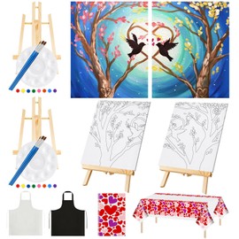 Yeaqee 13 Pcs Valentines Sip and Paint Kit for Couples Date Night Painting Kit Supplies Canvas Art Painting Set Pre Drawn Blank Stretch Canvas for Couple Adults Party(Bird and Tree,10 x 8 Inch)