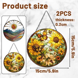 2Pcs Stained Window Hanging Sun Catcher Panel Boho Wall Art Decor with Chain, Hand Painted Round Gifts for Couples, Housewarming Gift