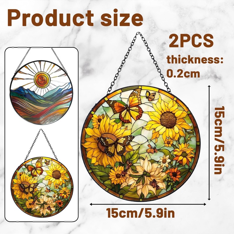 2Pcs Stained Window Hanging Sun Catcher Panel Boho Wall Art