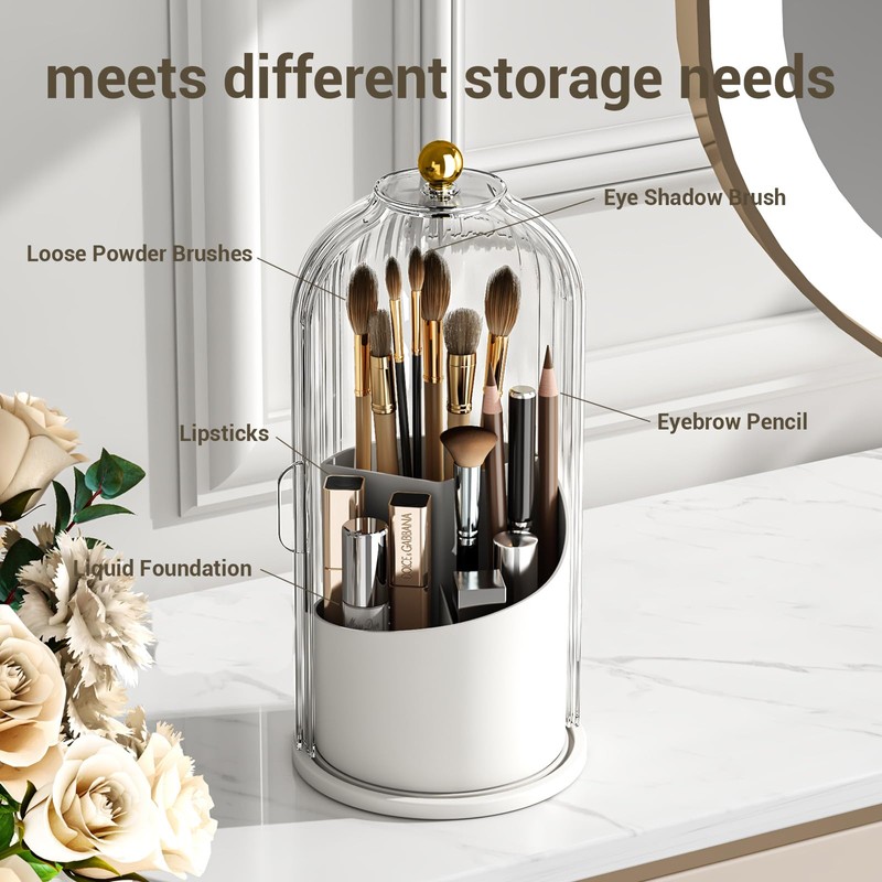 360° Rotating Makeup Brush Holder with Lid - Dustproof &