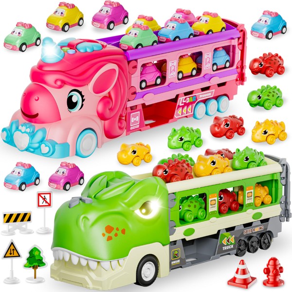 Funwee 2PK Truck Toy,Dinosaur Truck & Unicorn Truck for 2