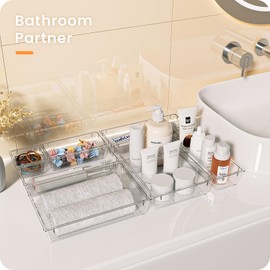 A-LuGei 【28PCS】【4Size】 Acrylic Drawer Organizer, Bathroom Organizers and Storage, Clear Makeup organizer, Desk drawer organizer, Storage Bins for Kitchen Office Bedroom Vanity Jewelry Pantry Garage