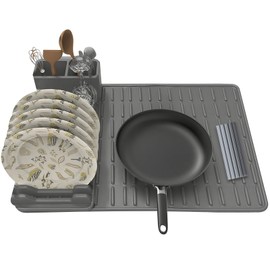 "BHSMHJH Silicone Dish Drying Rack & Mat Set (13.77"L x 5.9"W Rack + 19.7"L x 13.8"W Mat) - Space Saving Countertop Organizer with Utensil Holder - Gray"