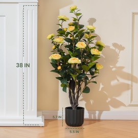 38'' Artificial Faux Camellia Tree Plants for Indoor Outdoor, 2 Pack Fake Yellow Silk Camellia Tree Plants in Cement Pot for Home House Living Room Office Decor