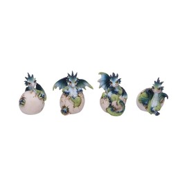 Nemesis Now Hatchlings Emergence (Set of 4) 8cm, Dragonling Hatching from Egg Figurines, Blue,green