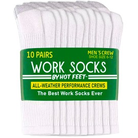 HOT FEET Work Socks for Men, Long All Weather Boot Crew Cotton Socks, Cushioned, Moisture Wicking, 10 Pack, Size 6–12.5, 10 Pack, Size 6-12.5, White