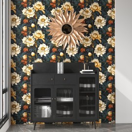 XRUIBZI Black Floral Wallpaper Peel and Stick Wallpaper Leaf Wallpaper Stick and Peel Colorful Contact Paper for Cabinets Waterproof Self Adhesive Wall Paper for Kitchen Countertop Wall 17.5" x 118"