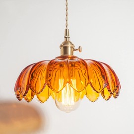 Debbte Industrial Vintage Pendant Lighting Fixture Glass Lotus Lamp Shade Farmhouse Pendant Light Chandelier E27 Brass Finish Ceiling Hanging Lamp (Orange)