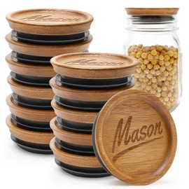 12 Pack Acacia Wood Wide Mouth Mason Jar Lids Reusable Canning Lids for Jar Tops Large Mouth Silicone Jars Accessories Decorative Glass Jar with Wooden Lid Can Cover Mason Jar Storage Organizer
