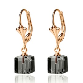 Austrian Crystal Cube Drop Earrings for Women Leverback Dangle Earrings 14K Gold Plated Hypoallergenic Jewelry (Black)