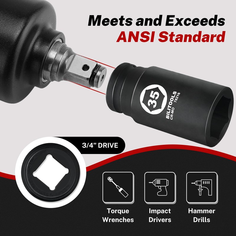 BILITOOLS 3/4" Drive Deep Impact Socket,33mm Socket Metric, 6-Point Axle