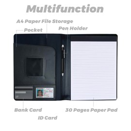 A4 PU Leather Portfolio Folder with 30 Pages Paper Padfolio Business Organizer Document Planner Binder Storage Pocket for Legal Pad Holder Paperwork Phone Men Women Black