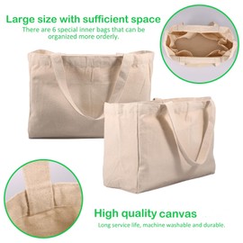 kithonrs Canvas Grocery Bag Large Capacity Grocery Shopping Bags Heavy Duty Reusable Grocery Tote Bags with 6 Inner Pockets Machine Washable Grocery Store Camping Outdoor (M2)