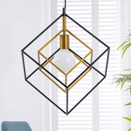 SHANSRUI Modern Geometric Chandelier, 1-Light Metal Pendant Light Fixture Black Brass Hanging Ceiling Light Industrial Farmhouse Cube Lighting for Kitchen Island Entryway, E26 Base