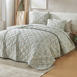 Vintage Comfort King Quilt Set with Shams, Blue Taupe Floral Decor Bedding Set, All-Season, Lightweight Bedspreads. Reversible, Boho Bedding. (King, Blue Taupe Floral)