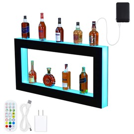 Takywep LED Lighted Liquor Bottle Shelf, Square 2-Tier 48 Inch Bar Bottle Display Shelf with Remote & App Control, 16 Colors, Wall Mounted Acrylic Liquor Shelf for Home Commercial Bar
