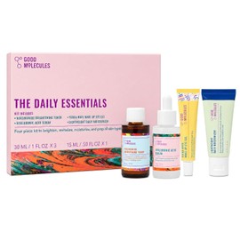 Good Molecules - The Daily Essentials - Tónico iluminador de niaciamida (1.0 fl oz) - Suero de ácido hialurónico (1.0 fl oz) - Gel de ojos de yerba mate (0.5 onzas líquidas) - Hidratante de imprimación sin silicona (0.5 fl oz) - (juego de 4)