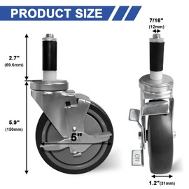 MySit 5 Inches Prep Table Wheels Set of 4, Expanding Stem Casters with Side Brake Fit 7/8", 1", 1-1/8", 1-1/4", 1-3/8"ID Tube Pipe Legs for Stainless Steel Kitchen Cart, Wire Shelving Racks