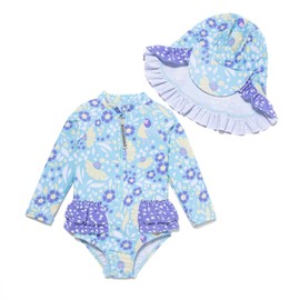 ADAVERANO Baby Girls One Piece Swimsuits UPF 50+ Sun Protection Ruffle Rash Guards/Sunsuit, Blue Flowers2