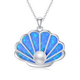 WINNICACA Pearl Scallop Shell Necklace Women Blue Opal Pendant Necklaces Sterling Silver Jewelry for Women, Gift for Her