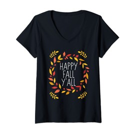 Womens Happy Fall Y'all - Autumn Leaf Wreath Graphic Design V-Neck T-Shirt