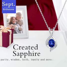 Collar de piedra natal para mujer, madre, chapado en oro blanco de 18 quilates, plata de ley 925 maciza de corte ovalado, collar con colgante de piedra natal auténtica o creada, dijes de piedra natal para mujeres y madres, Zirconia cúbica, 09. Zafiro cre