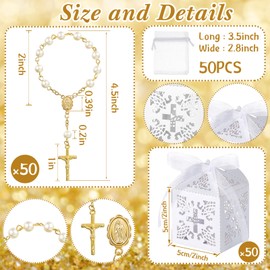Otuuz 50 Packs Christening Favours Set Christening Rosary Acrylic Rosary Beads Faux Pearls with Organza Bag and Cross Gift Boxes with Ribbons for Wedding Party Bags (Gold Beads Bracelet)