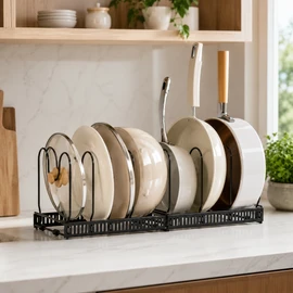 Adjustable Pot Rack Organizer for Kitchen – Multi-Layer Cookware Storage Rack with Retractable Design for Pots, Pans, Plates and Bowls