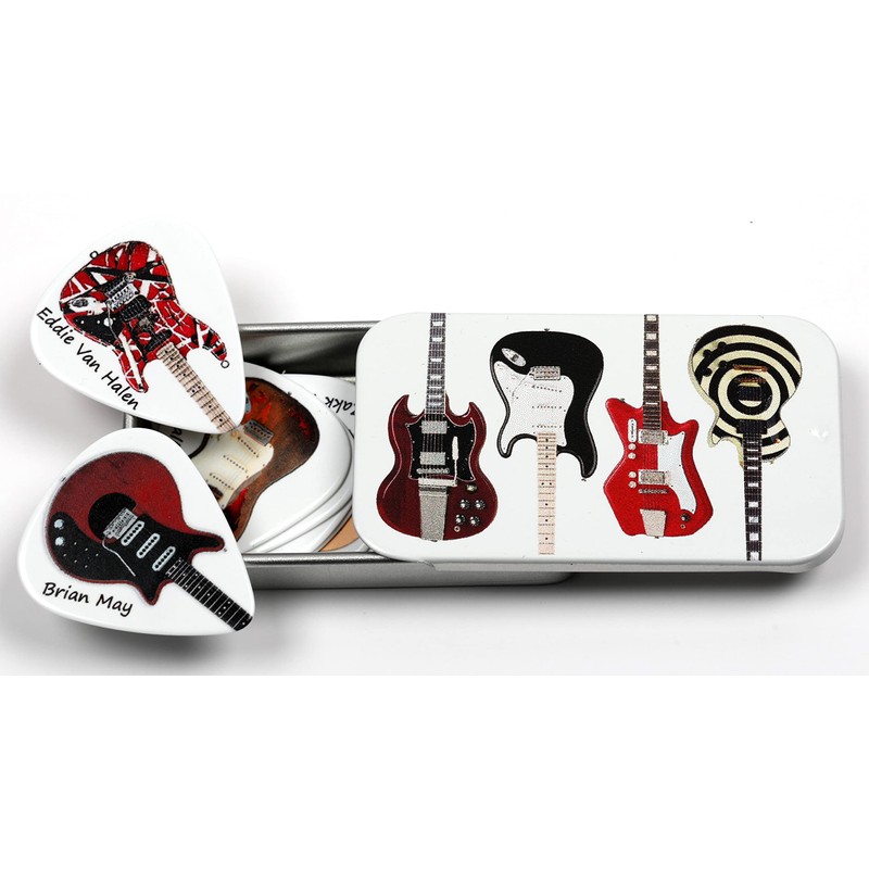 Tin of 12 Guitar Plectrums Featuring 24 Famous Guitars -