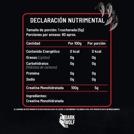 Creatina Monohidratada Dark Wolf, Alta Pureza, 100% Natural, Sin OGM, Sin Gluten, Sin Azúcar, 450g, 90 servicios