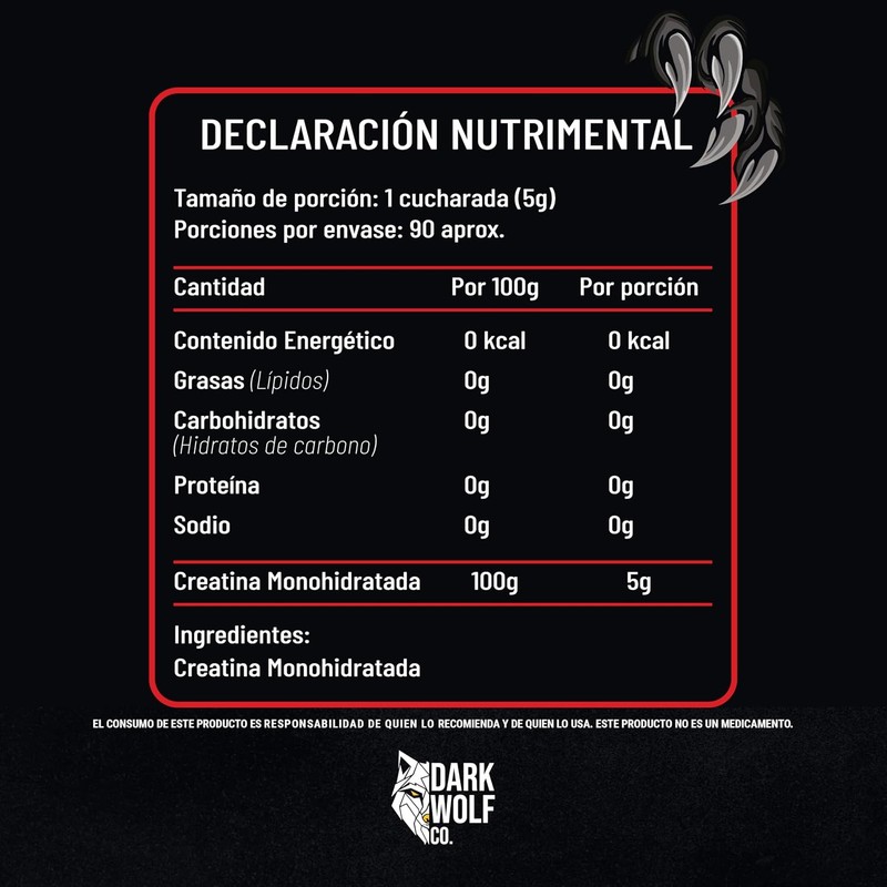 Creatina Monohidratada Dark Wolf, Alta Pureza, 100% Natural, Sin OGM,