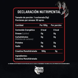 Creatina Monohidratada Dark Wolf, Alta Pureza, 100% Natural, Sin OGM, Sin Gluten, Sin Azúcar, 450g, 90 servicios