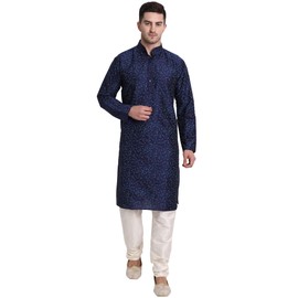 SKAVIJ Men's Art Silk Printed Kurta Pajama Set Mandarin Collar Ethnic Motifs Party Dress (KP080blue_Blue_S)