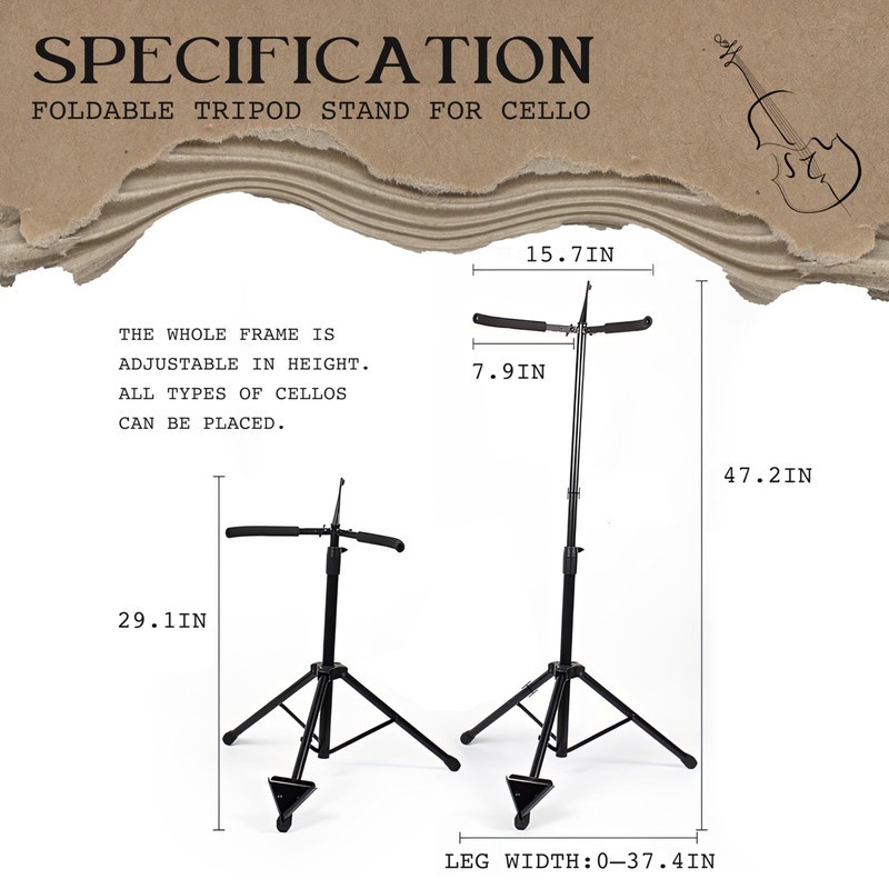 WHELPAW Adjustable Cello Stand with Bow Holder - Secure &