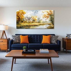 SERIMINO Autumn Nature Landscape Wall Art, Riverside Cottage Scenic Large Artwork, Rustic Farmhouse Oversized Wall Prints, Pastoral Canvas Paintings Wall Decor Living Room Bedroom Dining Room 30"X60"